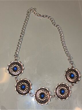 Silver Floral Medallion Necklace with Blue Accents